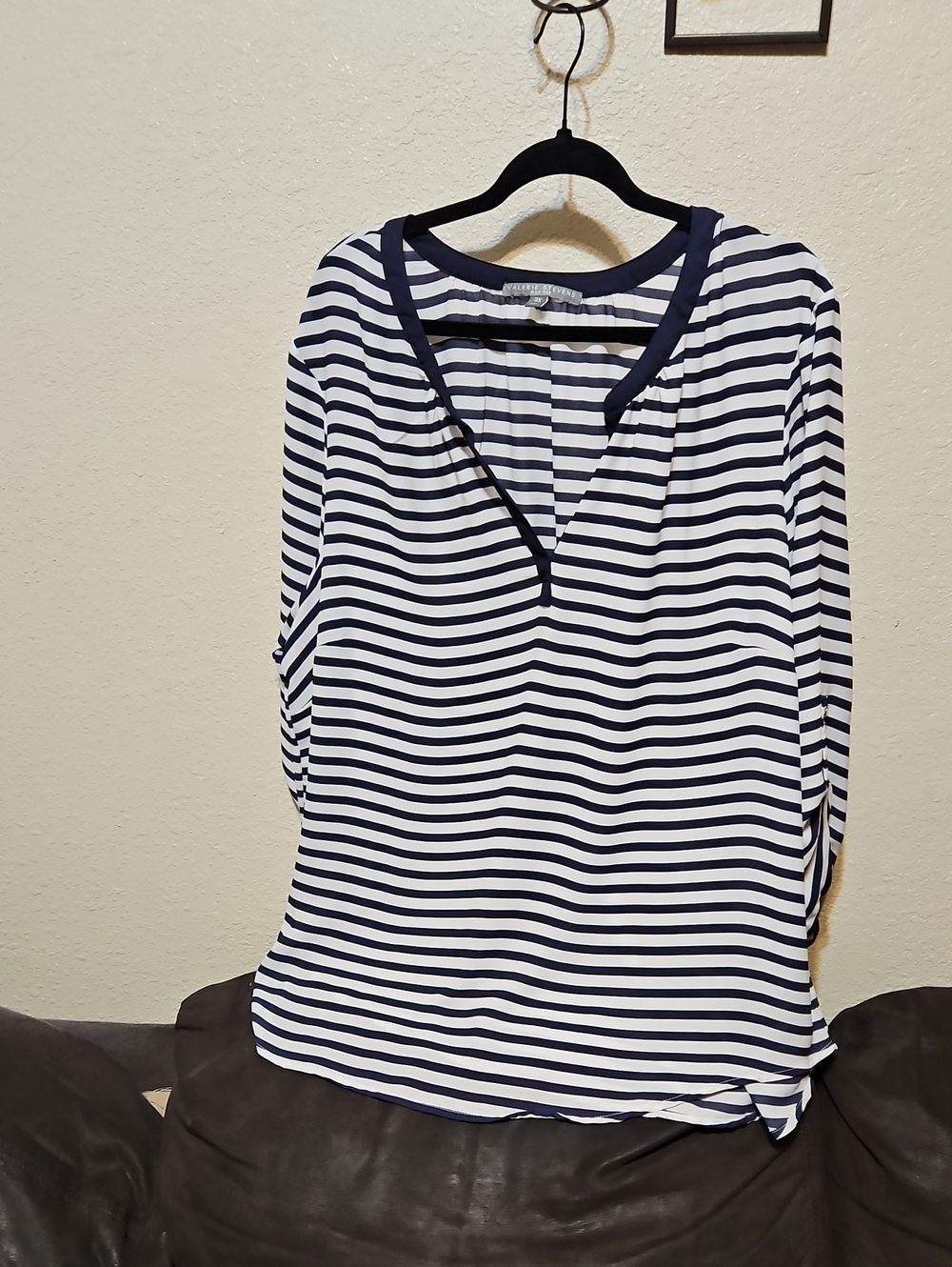 Valerie Stevens Navy and White Striped Long-Sleeve V-Neck Top
